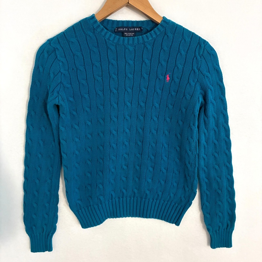 Vintage Ralph Lauren Sweater Womens XS Blue Cable Knit Ribbed Preppy Old Money
